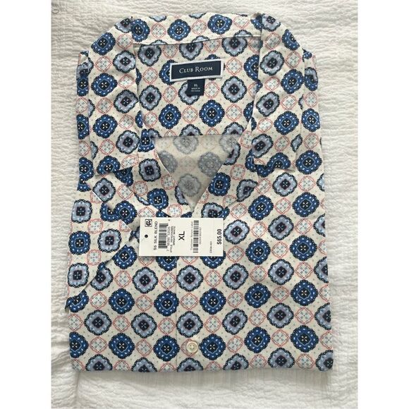 CLUB ROOM GEO PRINT BLUE BEIGE SILK BLEND SHORT SLEEVE BUTTON FRONT SHIRT NEW - Picture 3 of 5